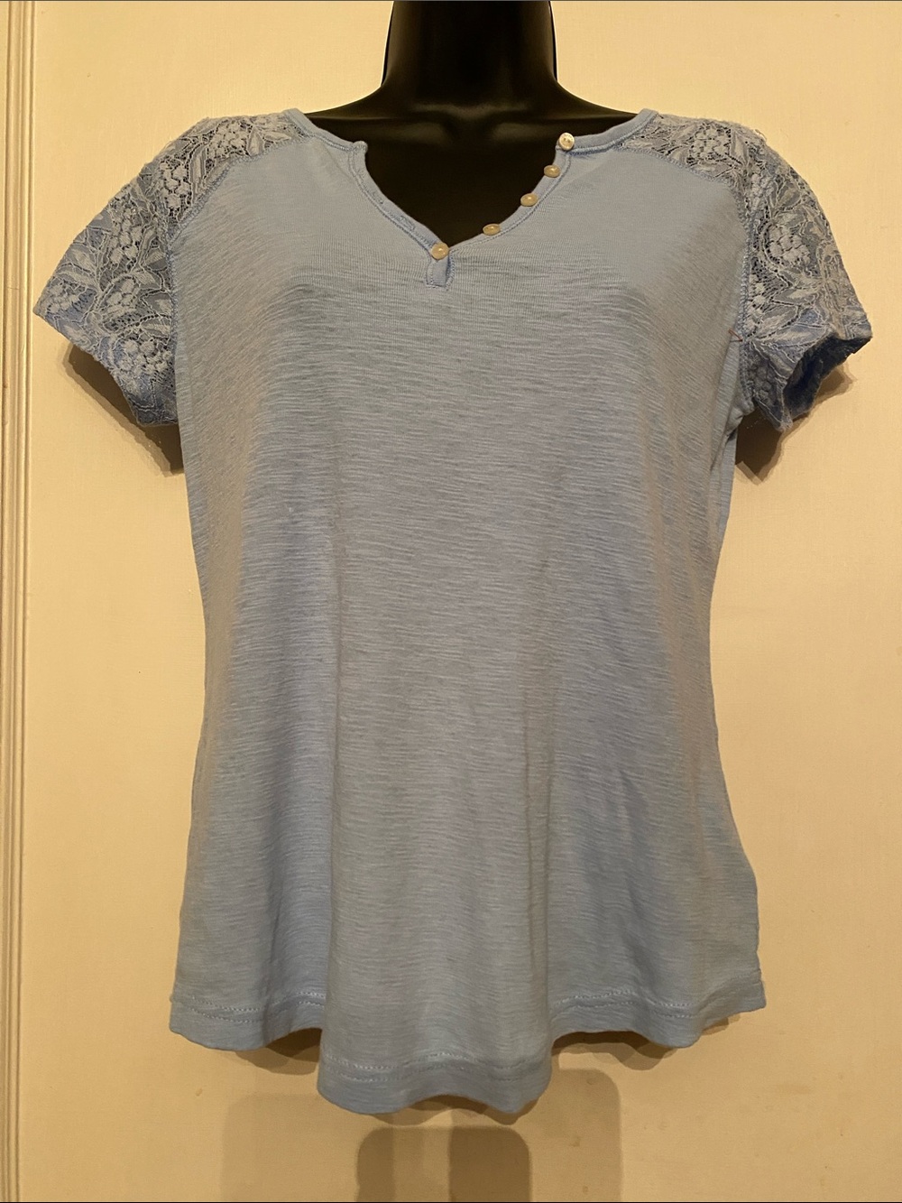 V! Chaps blue V-Neck Lace Sleeves Blouse Top Size S